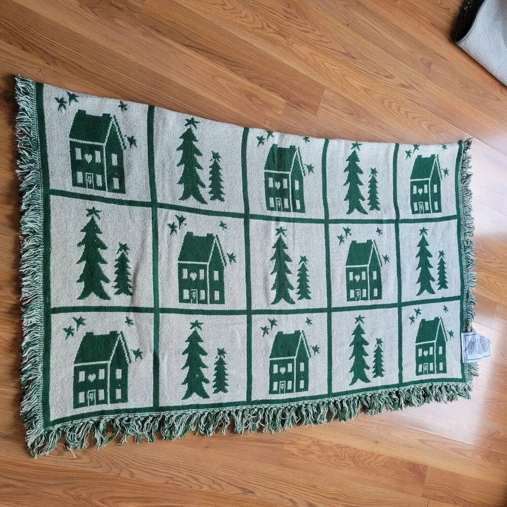 VTG Christmas Throw Blanket Woven Cotton Green White Houses Trees Reversible
